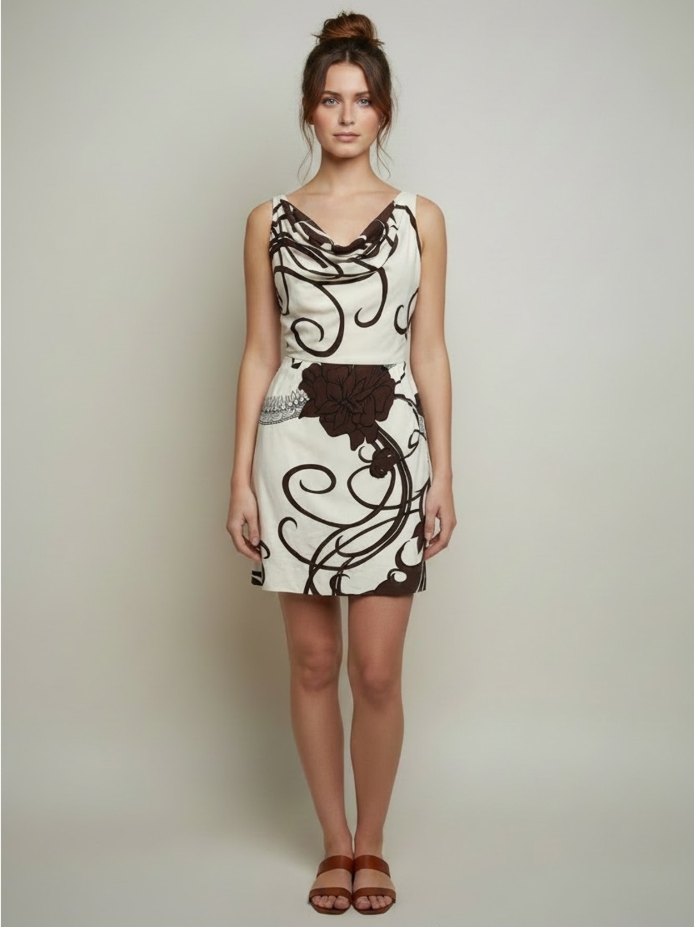 VTG Miss Elliette Cowl Mini Dress Kentucky Derby Brown Mod Floral Wiggle Califor